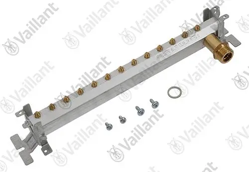 Vaillant Kammerträger mit mehreren Anschlüssen und Schrauben, gefertigt aus Metall, für die Verwendung in Heizsystemen.